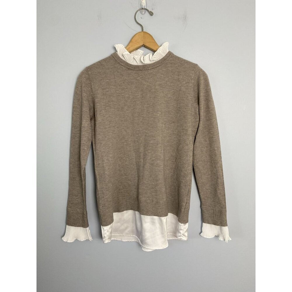 NWT Vila Milano Womens S Sweater Pleated Trim Layered Look Soft Brown / White